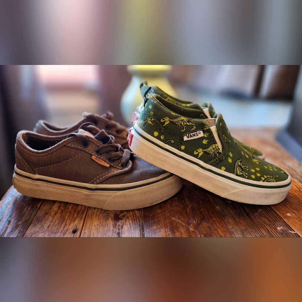 2 pair-Vans Kids Green Dinosaur Slip-on And Brown Tie-Ons